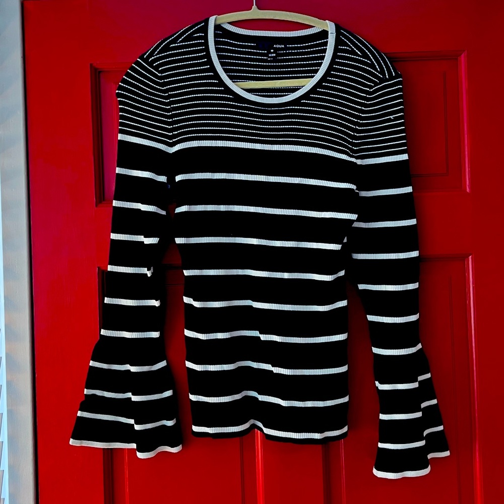 AQUA black and white stripe bell sleeve sweater